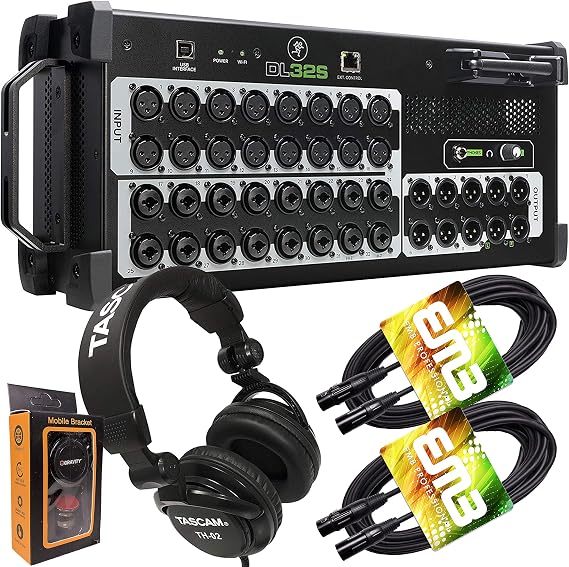 Mackie DL32S 32-channel Digital Rack Mixer with Integrated 32-in/32-out USB 2.0 Audio Interface + Pro Headphone with Pair of EMB XLR Cable and Gravity Magnet Phone Holder Bundle