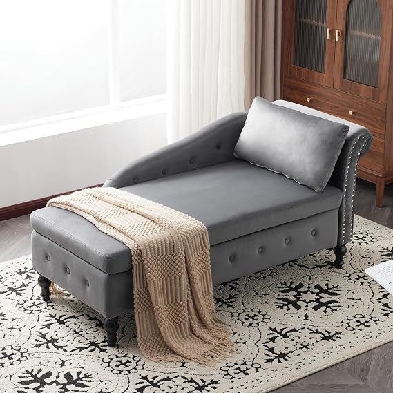 Velvet Chaise Longue with Storage, Indoor Lounge Sofa with Right Armrest and Pillow, Upholstered Chaise Lounge for Living Room Bedroom Office (Grey)