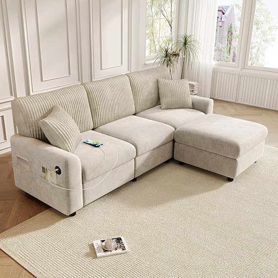 ModernLuxe L Shaped Sofa 3 Seater, Chenille Corner Sofa,Ottoman,Beige