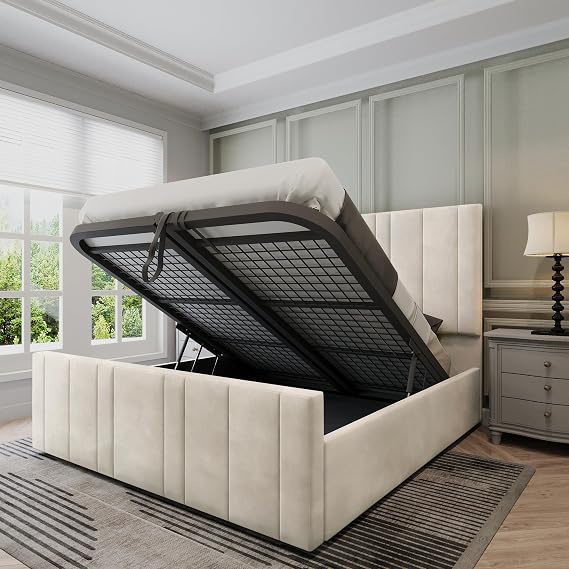 Verona Ottoman Bed Double 4ft6, Plush Velvet Gas Lift Double Beds Frame with Storage, Luxury Frame with Headboard, Space Saving Ottoman Bed for Stylish Bedrooms in Cream Plush