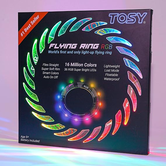 TOSY Flying Ring - 36 RGB Multicolor or 12 Monocolor LEDs, Super Bright, Lost Mode, Auto Light Up, Camping Essentials for Kid/Teen/Boy/Girl, Safe & Soft, Waterproof, Pool/Beach Games, Lightweight Toy