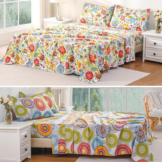 Bedlifes Queen Floral Sheet Set Ultra Soft Breathable Silky Bed Sheets Extra Deep Pocket 100% Microfiber Bedding Sheets 4 Piece Queen Size Mandala Patterned