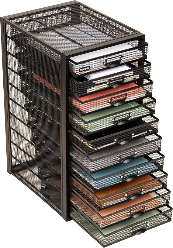 Mind Reader File Table Organizer, Office Supplies Storage, Vertical Jewelry Box with Drawers, 10 Compartments, Reinforced Wire, Black