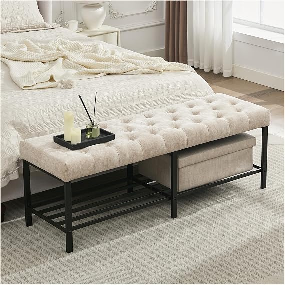 SOFTHION 55.5" End of Bed Bench, Chenille Entryway Bench, Light Brown | Modern Chenille Button Tufted Bedroom Bench, Upholstered Storage Shoe Bench with Metal Base for Living Room, Entryway