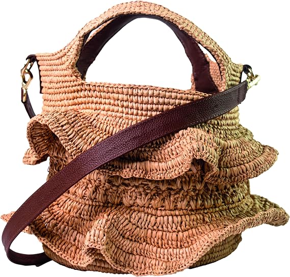 Ruffle Medium Bag with Leather Strap, Beige Straw / Cognac Leather Handles
