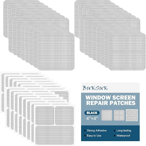 48 Sheets Window Screen Patches Repair Kit, 4 Sizes Window Screen Repair Tape, Strong Adhesive, Fiberglass Quick-Access (Black)