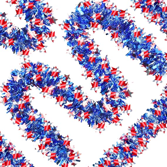 66FT 4th of July Patriotic Tinsel Garland, Red White Striped Star Tinsel Garland Patriotic Ornaments for Memorial Day Independence Day Indoor Outdoor Home Party Decor