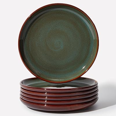 Stoneware Dinner Plates Set of 6, Ceramic Plates With Lipped Edges, MicrowaveDishwasher Safe, Modern Rustic Dinnerware, Kitchen Reactive Glaze Serving Dishes, Brown Green