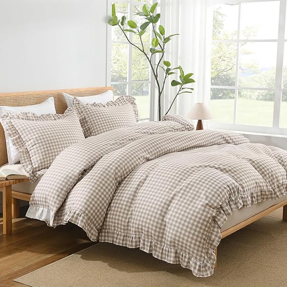 Andency Tan Gingham Duvet Cover Full, Ruffle Shabby Chic Bedding Set 3 Pcs