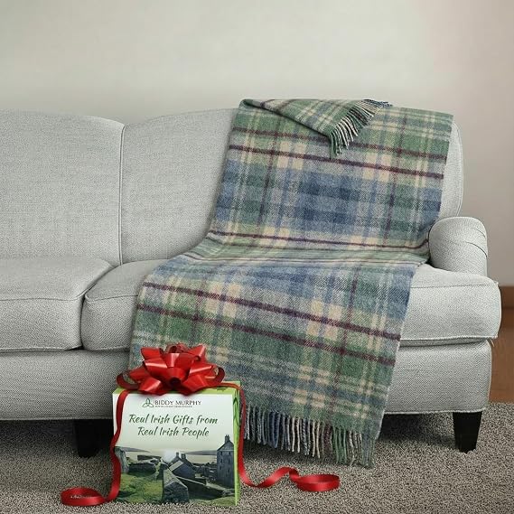 Biddy Murphy Irish Wool Throw Blanket, 54x72in, Denim Green Plaid Tartan | Made in Ireland, Heirloom Quality, 100% Lambswool, Soft Warm Comfort