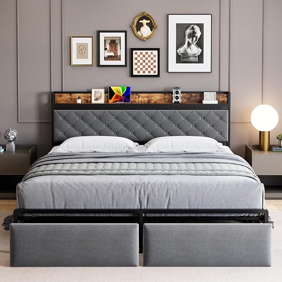 King LED Bed Frame with Headboard, Upholstered Platform Bed with Charge Station and Storage Drawers, Heavy Duty Metal Slats, No Box Spring Needed, Easy Assembly, Gray
