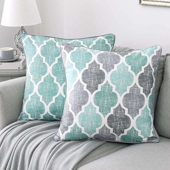 Beauoop Throw Pillow Covers 18x18 for Couch Sofa Moroccan Aqua Gray 2 Sets