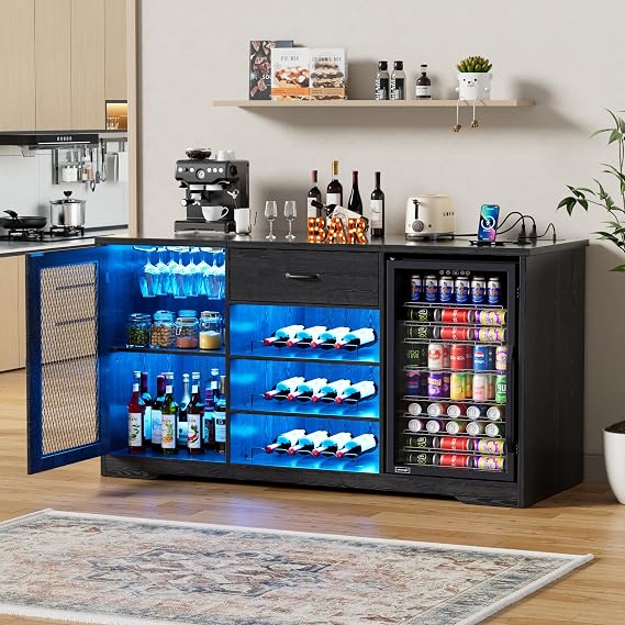 PAKASEPT 63" W Coffee Bar Cabinet with Mini Fridge Space & LED Light