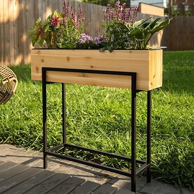 Ilyapa Raised Standing Planter with Legs, Metal and Wood Elevated Planter Box, 33x29x7, Indoor Outdoor, Perfect for Living Room, Front Porch