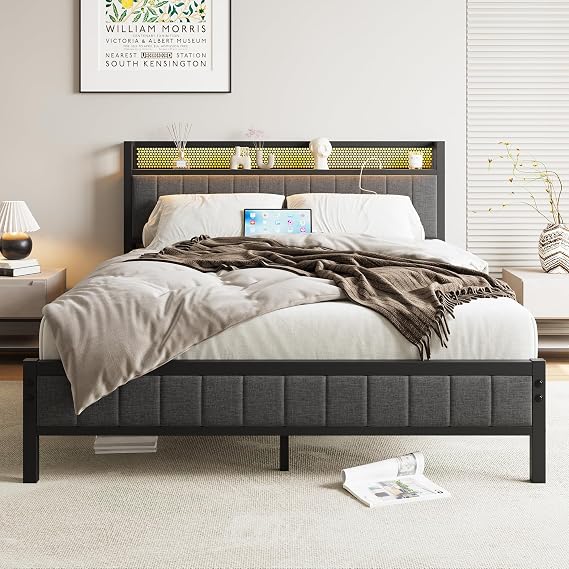 King Size Bed Frame with Storage Wooden Headboard,Charging Station,LED Lights,Metal Platform Upholstered Bed Frame King Size Bed Base with Strong Metal Slats,Mattress Base,Noise Free,Grey