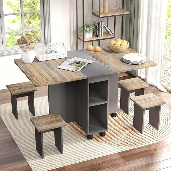 55" Foldable Dining Table with Storage, Expandable Drop Leaf Kitchen Table and Chairs for Small Spaces, Space Saving Dining Tables with Rolling Wheels for Entryway, Living Room (Brown+Gray)