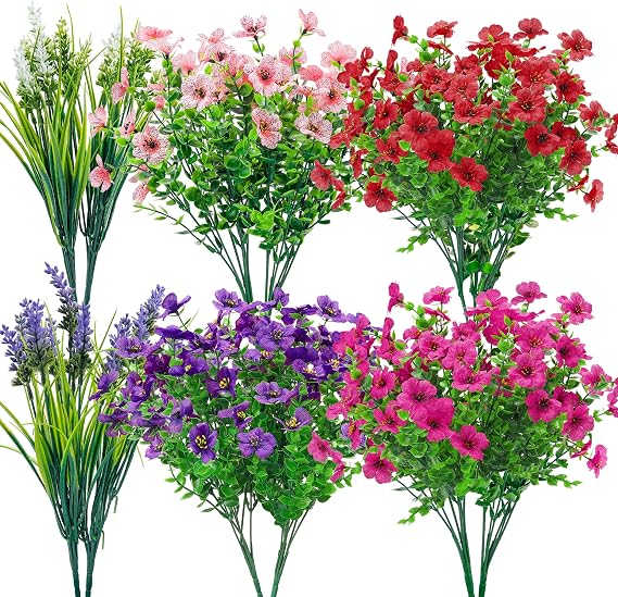 Der Rose 12 Bundles Artificial Flowers Outdoor UV Resistant Fake Faux Flowers for Garden Porch Window Box Home Wedding Decor