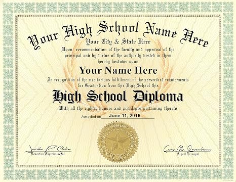 High School Diploma Custom Printed with Your Info - Premium Quality - 8.5 by 11 inches