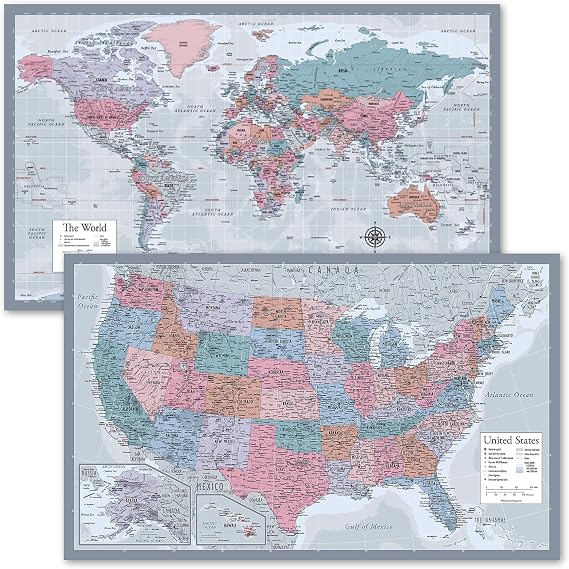 2 Pack - World Map Poster & USA Map Chart [Purple] (LAMINATED, 18" x 29")