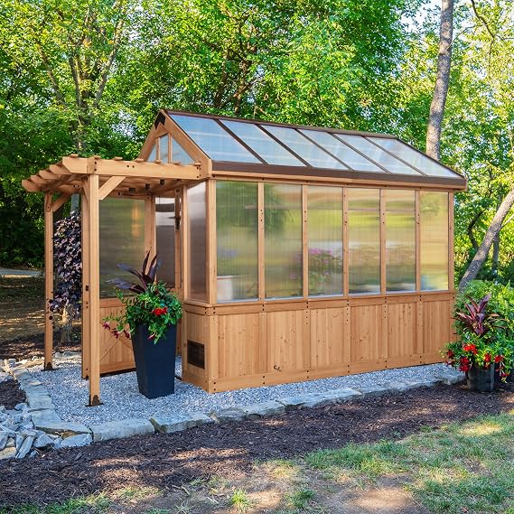 Backyard Discovery Bellerose 11' x 7' Cedar Wood and Polycarbonate Walk-In Greenhouse Kit with Pergola, Exhaust Fan, Windows, Hose Hook-Ups, PowerPort, Staging Shelves for Year-Round Outdoor Gardening
