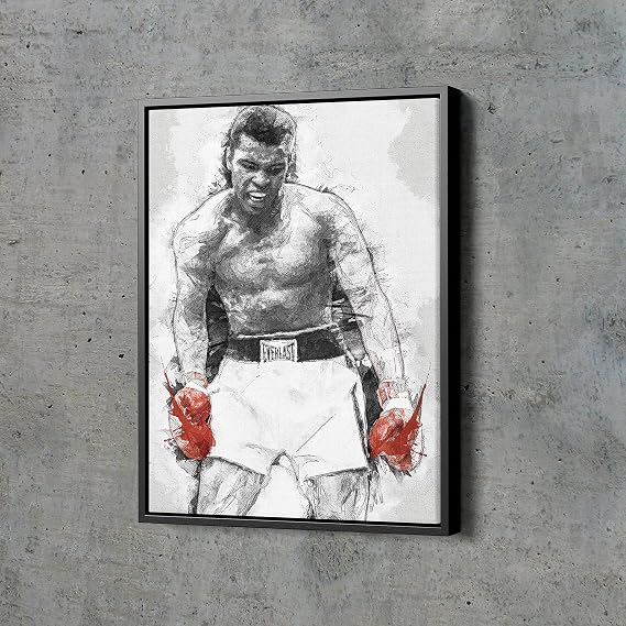 Muhammad Ali Art Poster Boxing The Greatest Hand Made Posters Canvas Framed Print Wall Kids Art Man Cave Gift Home Decor (Black Floating Frame, 12"x18")