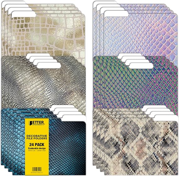 Better Office Products Decorative File Folders Pack of 24 8 designs Thick Letter Size 9.5 inches x 11.5 inches with 1/3 cut tab Snakeskin Design Fashion Folders
