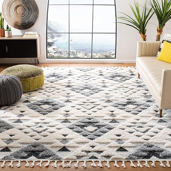 SAFAVIEH Moroccan Tassel Shag Collection Area Rug - 5'3" Square, Ivory & Grey, Non-Shedding & Easy to Clean, Plush High-Low Texture, Ideal for Living Room, Bedroom, Dining Space (MTS688F)