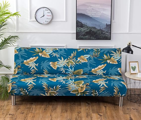 LiveGo Armless Futon Slipcovers Stretch Folding Sofa Bed Cover with Elastic Bottom, Printed Fitted Couch Cover Furniture Protector for Pets, Kids (Blue)