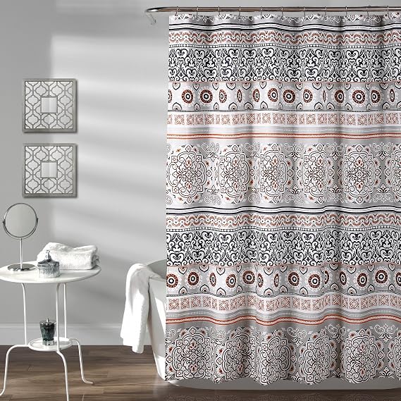 Lush Decor 16T002704 Nesco Stripe Shower Curtain, Navy & Coral, 72" x 72"