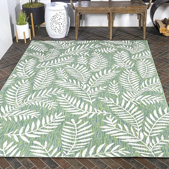 Eyely Palm Frond Area Rug 5X8 Cream/Green, Coastal Indoor Outdoor Rug