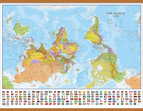 Maps International Large Upside-Down Political World Wall Map with Flags - Laminated with Wooden Hanging Bars - 36 x 48