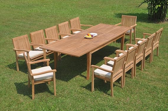 12 Seater Grade-A Teak Wood 13 Pc Dining Set: 122" Atnas Double Extension Rectangle Table and 12 Leveb Stacking Arm Chairs #TSDSLV40