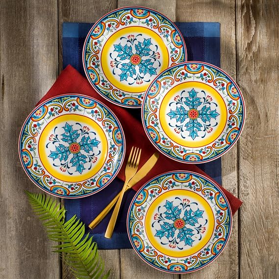 Euro Ceramica Zanzibar Collection Vibrant 8.7" Ceramic Salad/Dessert Plates, Set of 4, Spanish Floral Design, Multicolor