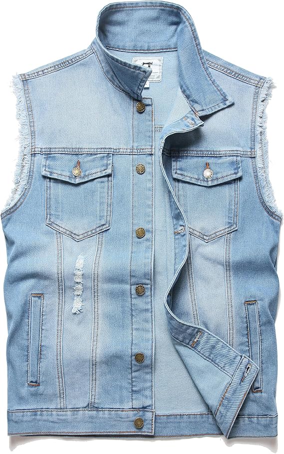 Denim Vest Men Lapel Sleeveless Slim Fit Retro Ripped Elastic Casual Jean Vest for Men's With Pockets