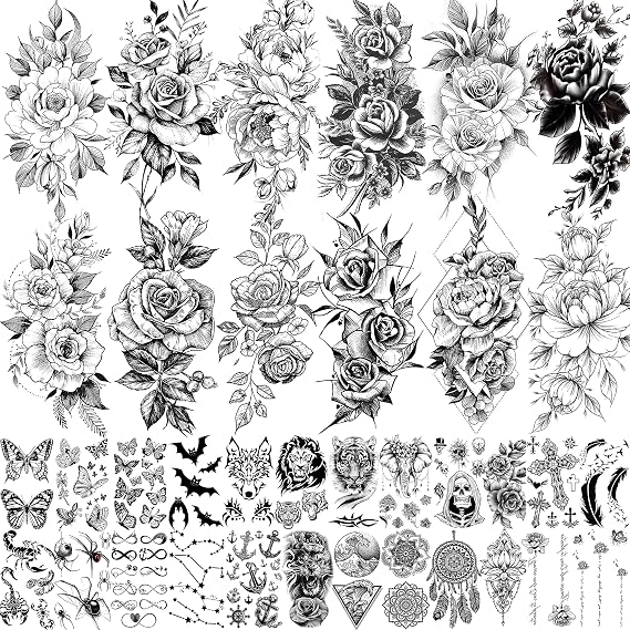 EGMBGM 36 Sheets Realistic Flower Temporary Tattoos For Women Thigh Arm Girls Legs, 3D Rose Peony Waterproof Fake Tattoo Stickers For Adults, Floral Sketch Temp Tatoos Lotus Butterfly Elephant Kids